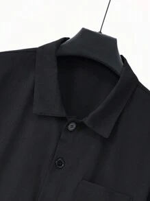 Manfinity Homme رومبر رجالي قصير الأكمام الموحد اللون اليومي البسيط - الأسود - مشاهدة 4