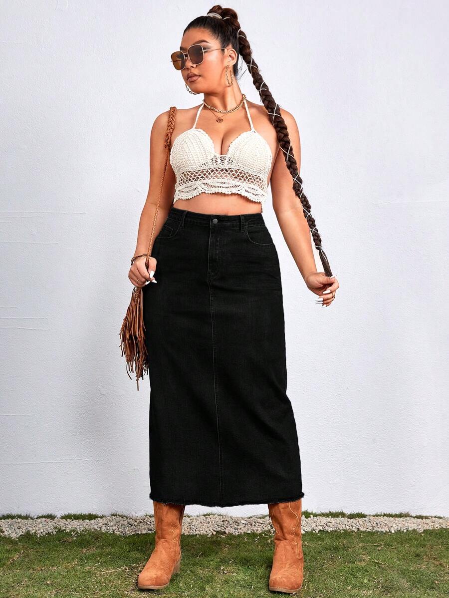 SHEIN VCAY 加大尺碼女士純色休閒牛仔裙