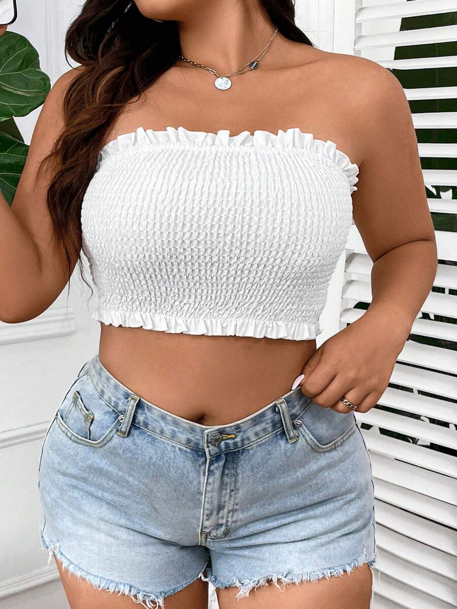 SHEIN EZwear Plus Size White Base Inner-Shirred Vacation Top For ...