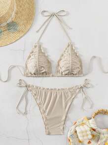 Summer Women's Fashionable Solid Color Bikini Set With Pleated Design - Apricot - View 1