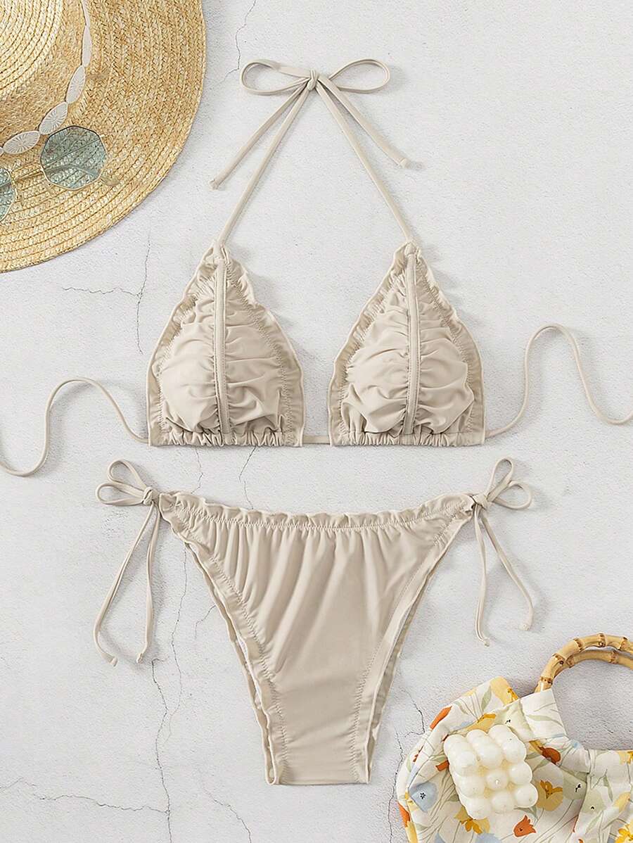 Summer Women's Fashionable Solid Color Bikini Set With Pleated Design - Apricot - View 1