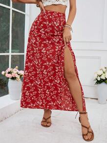 SHEIN VCAY Vacation Woven Printed Slit High Waist Fitted Women's Skirt