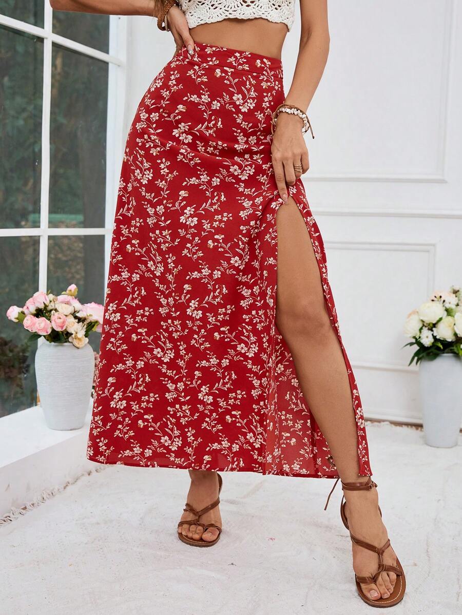 SHEIN VCAY Vacation Woven Printed Slit High Waist Fitted Women's Skirt