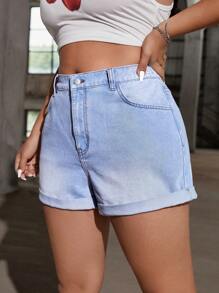 SHEIN EZwear Plus Size Women's Casual Loose Fit Rolled Hem Denim Shorts, Blue - Blue - View 3