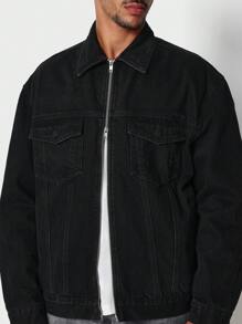 SUMWON Classic Oversized Trucker Jacket Street Wear Urban Style Distressed Denim With 742 Varsity Number Design Unisex Outerwear Fall Winter Collection - Black - View 3