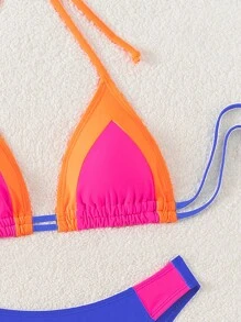 SHEIN Swim 女士夏季海灘色塊兩側頸項綁帶性感比基尼套裝 - 彩色 - 查看 7