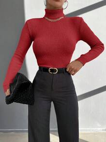 SHEIN Cottnline Turtleneck Ribbed Knit Sweater - Burgundy - View 3
