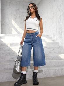 SHEIN EZwear Women's Loose Fit Wide Leg Denim Capris With Pockets - Medium Wash - View 6