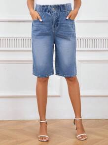 SHEIN Maternity Bermuda Casual Denim Shorts With Pockets - Medium Wash - View 4