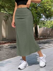 SHEIN EZwear Summer Solid Color Simple Casual Light-Weight Long Skirt - Army Green - View 4