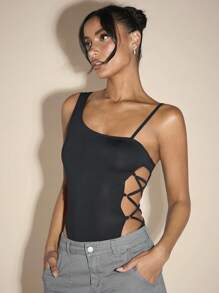 SHEIN BAE 夏季女士黑色不對稱領口連體褲，腰部和側邊系帶露肉，無袖款式 - 黑色 - 查看 5