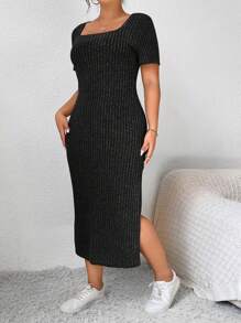 SHEIN Frenchy Plus Size Summer Casual Solid Color Side Slit Dress