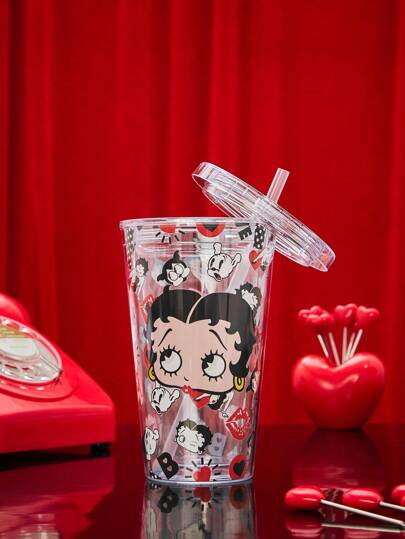 Betty Boop | ROMWE Cartoon Print Transparent Flat Bottom Straw Cup