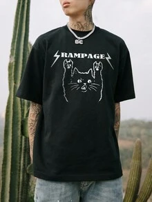 Men Cartoon Letter Print Short Sleeve T-Shirt For Summer - Black - View 4