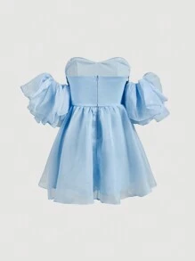SHEIN MOD Women's Fashionable Solid Color Off-Shoulder Ruffle Sleeve Dress - Blue - View 2