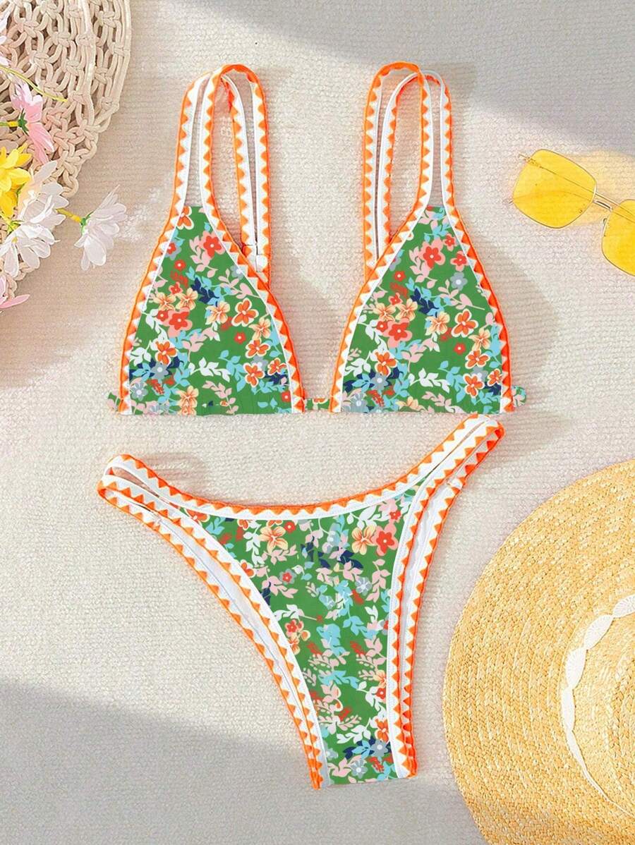 SHEIN Swim Women's Summer Beach Ditsy Floral Sexy Bikini Set, Random Print - Multicolor - View 1