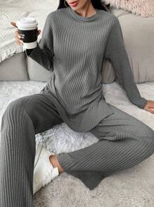 EURMUSE Drop Shoulder Split Hem Tee & Pants - Grey - View 4