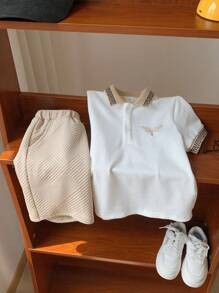 SHEIN 2pcs Young Boy Casual Classic Embroidery Logo Polo Shirt With Short Sleeves And Sports Shorts