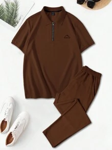 Manfinity Homme Conjunto casual de 2 piezas para hombre compuesto por camisa polo de manga corta con cremallera y pantalones largos con diseño unicolor y bolsillo para el verano