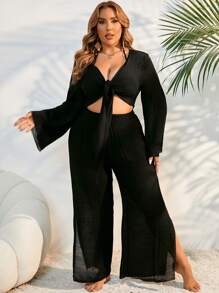 Swim Lushoire Plus Size Women's Plain & Simple Daily Chiffon Kimono Cover Up Summer - Black - View 4