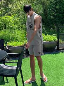 DAZY 男士夏季字母印花背心套裝 - 灰色 - 查看 4