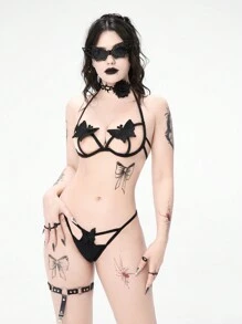 ROMWE Goth Women's Solid Color Butterfly Patchwork Halter Neck Bikini Set With Cut-Out Design Summer