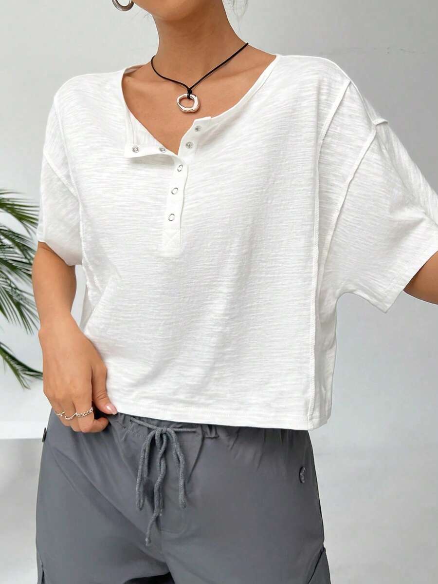 SHEIN EZwear Women's Round Neck Drop Shoulder T-Shirt - White - View 1