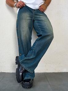 Men Casual Loose-Fitting Wide Leg Jeans With Side Button Fly And Washed Finish - Blue - View 5