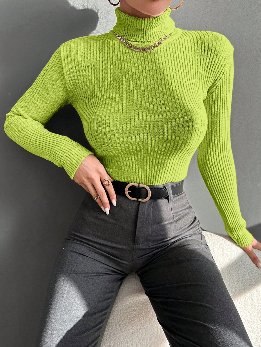 EURMUSE Solid Color High Neck Ribbed Slim Fit Sweater - Olive Green - View 1
