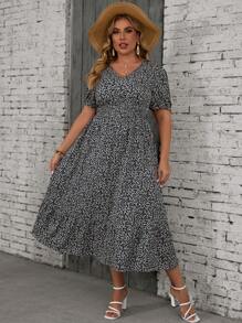 SHEIN VCAY Plus Size Summer Casual Short Sleeve Ditsy Floral Dress - Black and White - View 4
