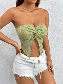 SHEIN PETITE Spring Twist Front Split Hem Tube Green Top ,Petite Women - Green - View 4