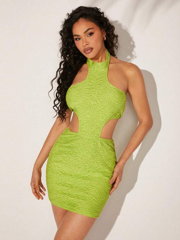 Textured Cut Out Halter Neck Dress