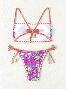 SHEIN Swim Women's Two-Piece Bikini Set Printed Pattern And Random Gingham Ruffle Edge, Suitable For Summer Beach Vacation, Copyrighted - Purple - View 6