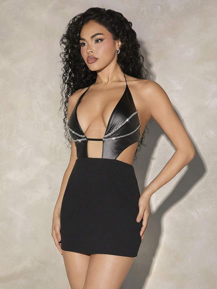 Women's Sexy Hollow Out Solid Color Halter Neck Dress