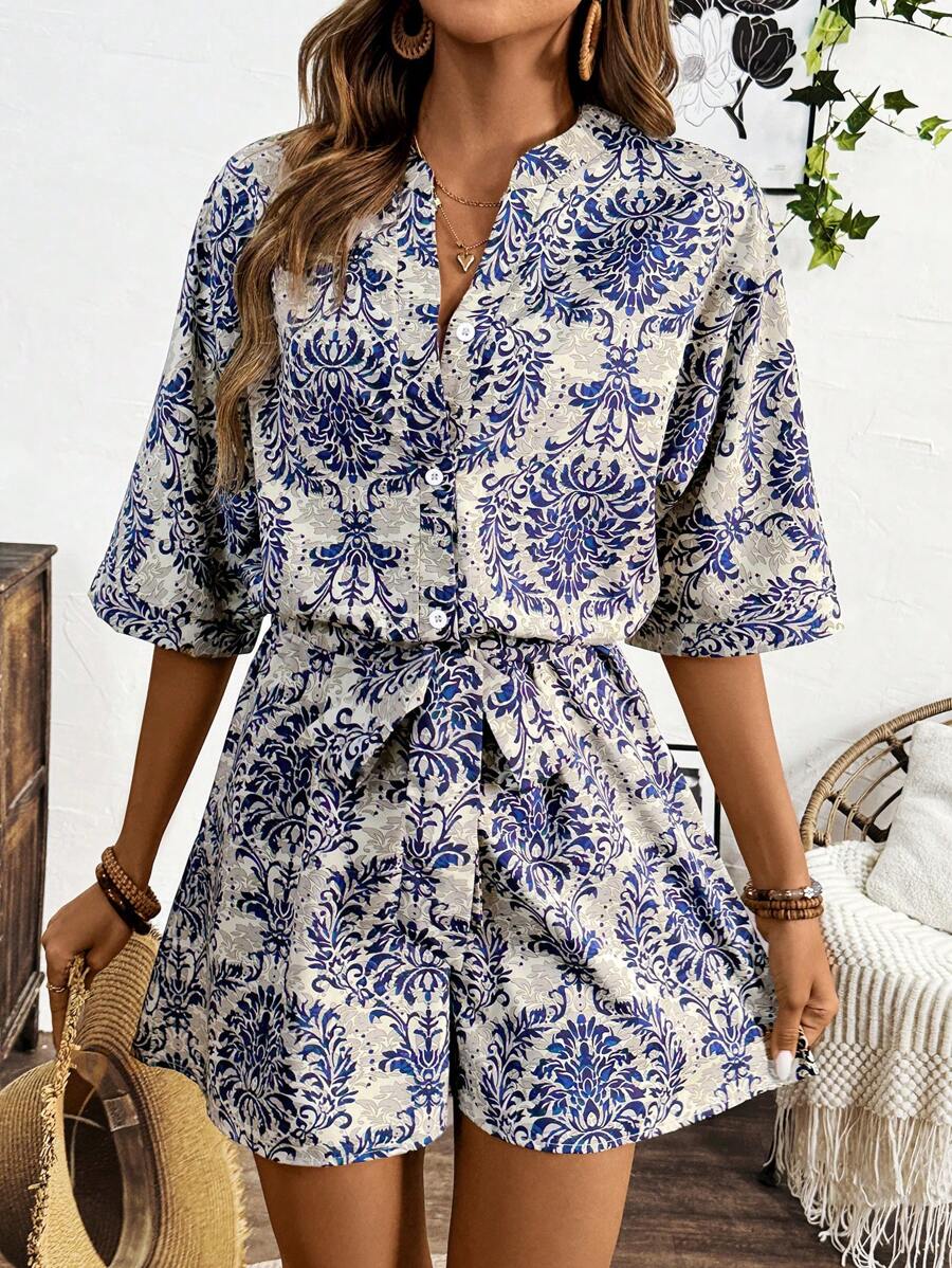 Chiquease 女士度假植物印花分懷V領短袖寬鬆休閒連身裝 - 彩色 - 查看 1