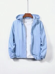 SHEIN Tween 男童牛仔效果休闲柔软连帽蓝色宽松长袖衬衫，适合返校服装 - 淺色水洗藍 - 查看 1