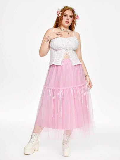 Kawaii Plus-Sized Women's Solid Color Simple Daily Wear Mesh Skirt