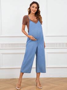 SHEIN Bộ áo liền quần denim không tay màu trơn dành cho bà bầu mùa hè có dây đai - Rửa trung bình - Xem 3