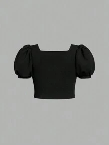 Tween Girl Lovely 3d Flower Puff Sleeve T-Shirt - Black and White - View 3
