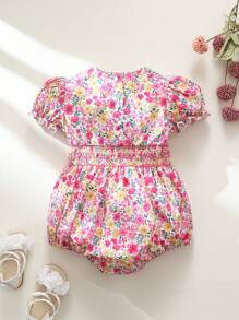 嬰兒女童優雅復古法式顏色拼接花卉圖案連身衣，適用於春夏 - 彩色 - 查看 2