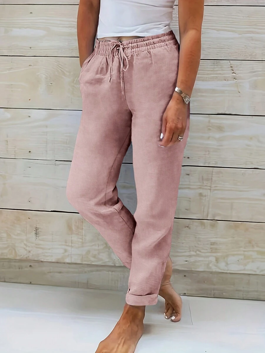 Jessfine Pink Slim Fit Casual Pants With Elastic Waistband, Drawstring, Pockets, Textured Fabric, Multipurpose, Spring/Summer - Pink - View 1