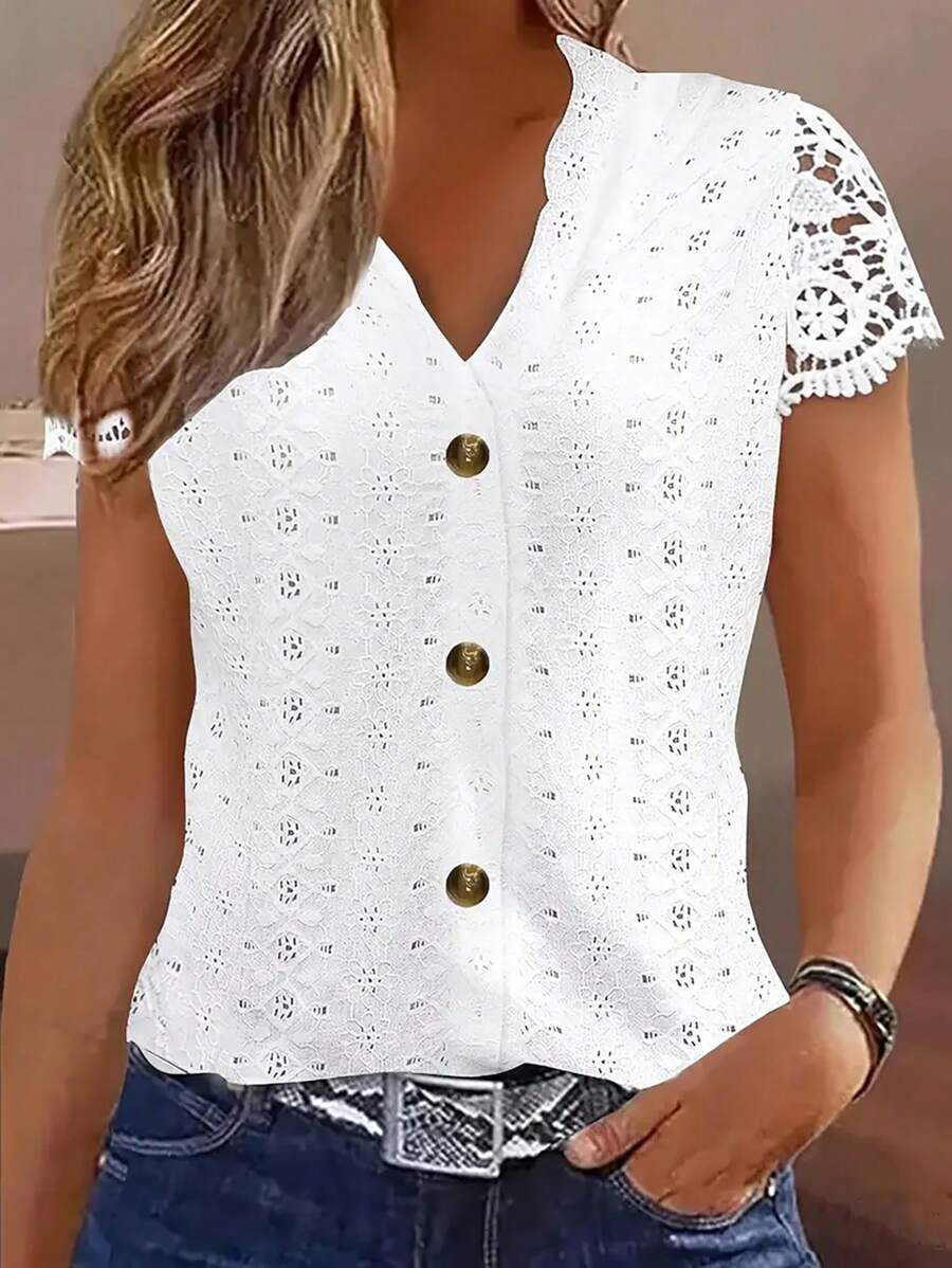 V-Neck Contrast Lace Hollow Embroidered Button Front Short Sleeve Top, Spring & Summer, Ladies Casual Contrast Lace, Eyelet Embroidery Regular Sleeve V Neck Regular Fit White Plain Women Tops, Spring/Summer, Casual Daily Wear - White - View 1