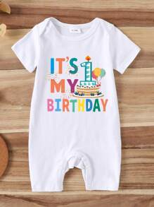 Baby Boy Birthday Letter Print Short Sleeve Romper, Cute, Spring/Summer