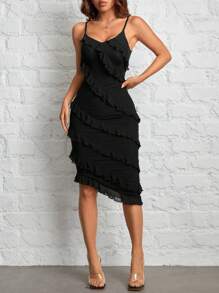 SHEIN PETITE Black Dress Party Dress For Women Date Evening Dress Solid Color Ruffle Asymmetric Hem Slip Dress