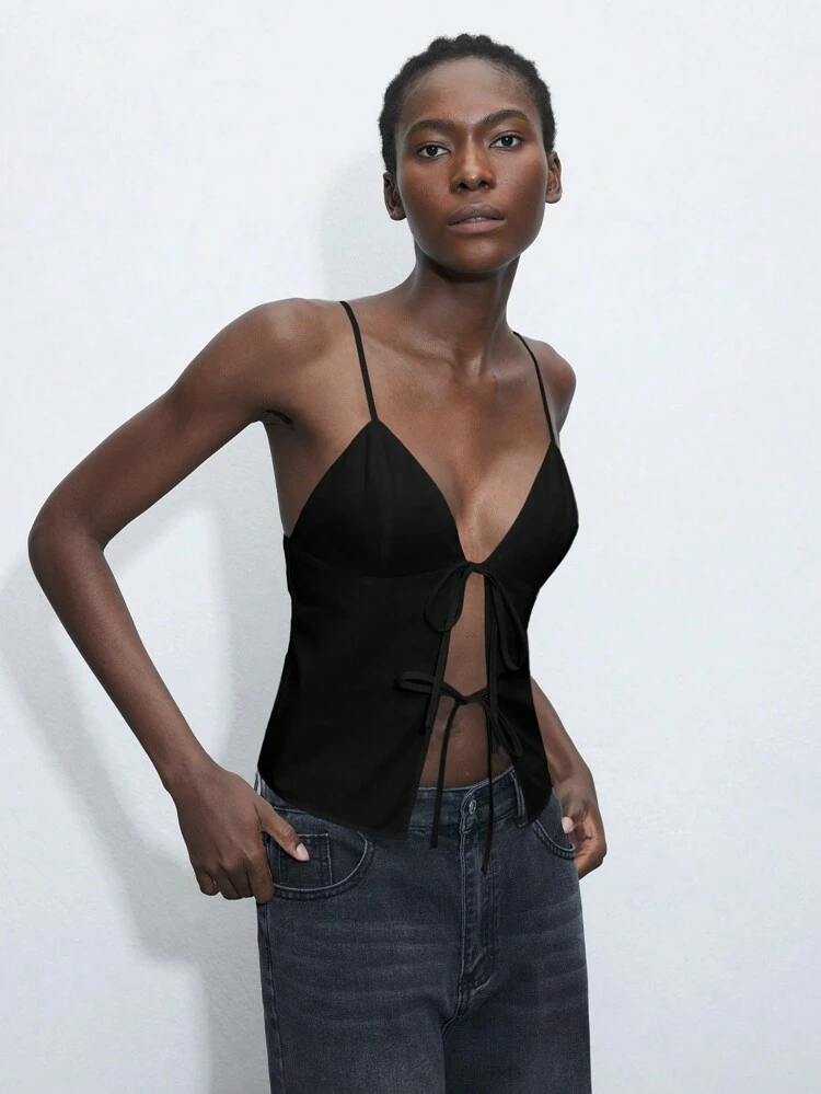 SHEIN Maija Women's Black Front Tie Bow Design Boho Casual Comfortable Fit Adjustable Spaghetti Strap V-Neck Cami Top Resort Wear,European Summer,4th Of July, Country Concert,Country,Beach, St Patrick's Day Easter Women Party Top Beach Summer Holiday Beach Vacation Summer Going Out Graduation