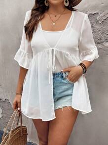 SHEIN LUNE Plus Size Women's Semi-See-Through Strappy Top With Ruffled Hem, Summer - White - View 1