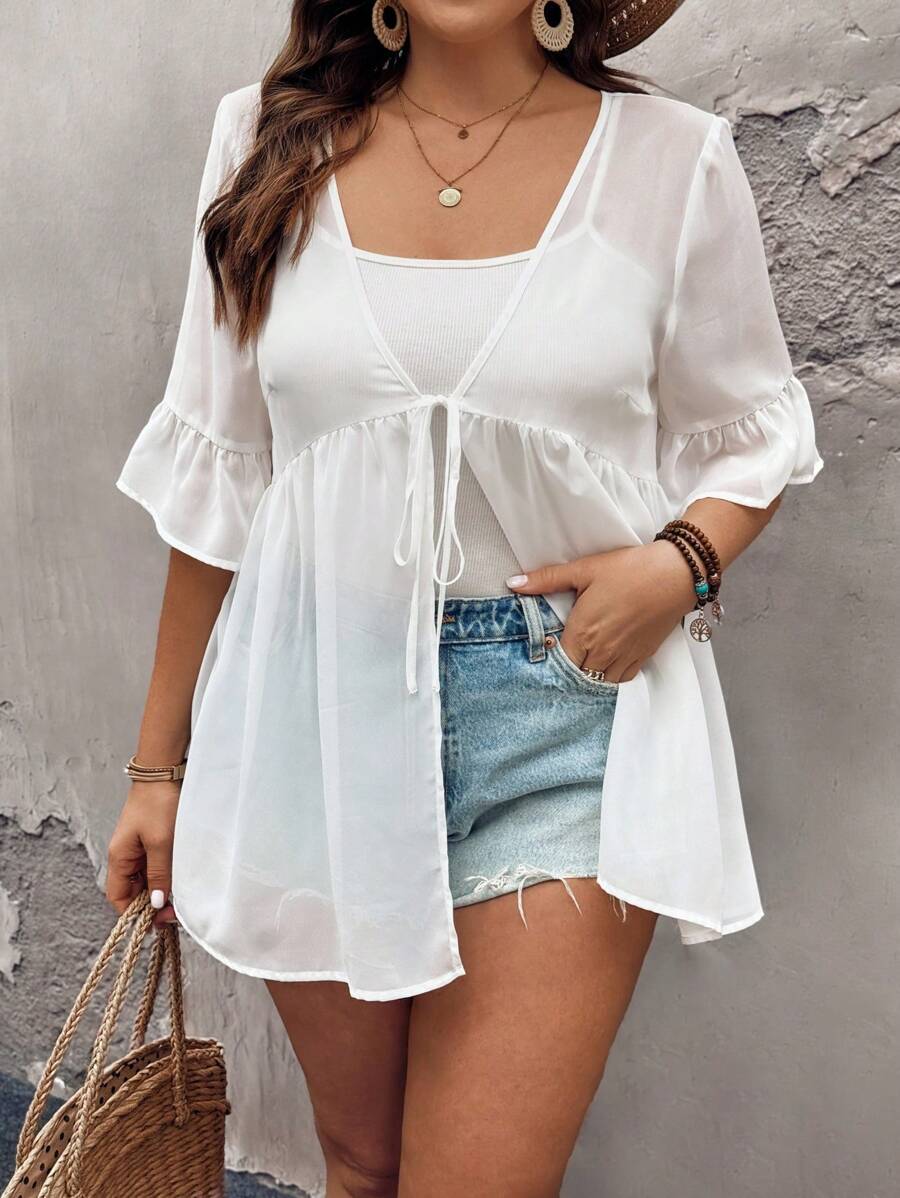 SHEIN LUNE Plus Size Women's Semi-See-Through Strappy Top With Ruffled Hem, Summer - White - View 1