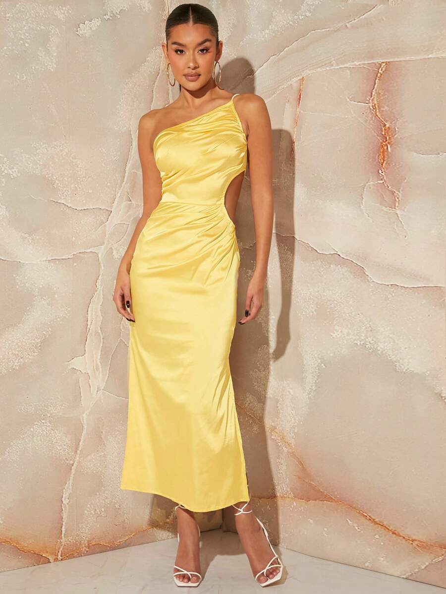 L'Amorae One Shoulder Cut Out Satin Dress - Yellow - View 1