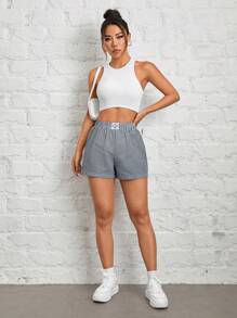SHEIN PETITE Shorts de rayas tejidas azules para mujer - Azul - Ver 5