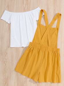 SHEIN Teen Girl White & Yellow Off Shoulder Tight Top & Suspender Jumpsuit Holiday Casual 2pcs Set - Yellow - View 2